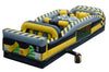 Image of Angled front view of 7-Element Venom inflatable obstacle course rental showcasing its bold black and yellow caution design