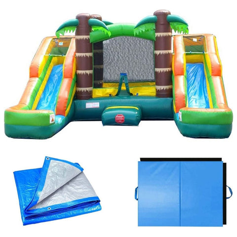 POGO Inflatable Bouncers 11'H Crossover Tropical Double Water Slide Bounce House with Blower, Backyard Party Package by POGO 11.5'H Crossover Rainbow Bounce House Side Slide Combo Blower