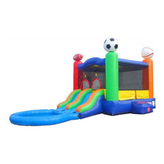 POGO Inflatable Bouncers 13.5'H Crossover Sports Dual Lane Bounce House Slide with Pool with Blower, Backyard Party Package by POGO 13.5'H Crossover Blue Rainbow Dual Lane Bounce House Slide Pool Blower