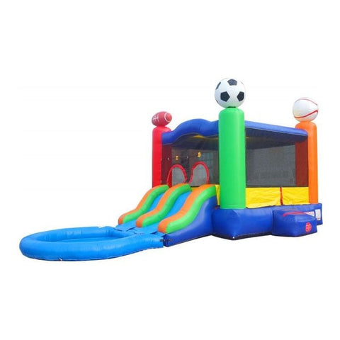 POGO Inflatable Bouncers 13.5'H Crossover Sports Dual Lane Bounce House Slide with Pool with Blower, Backyard Party Package by POGO 13.5'H Crossover Blue Rainbow Dual Lane Bounce House Slide Pool Blower