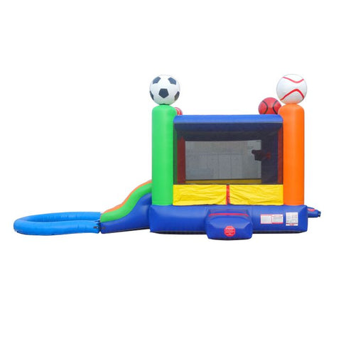 POGO Inflatable Bouncers 13.5'H Crossover Sports Dual Lane Bounce House Slide with Pool with Blower, Backyard Party Package by POGO 13.5'H Crossover Blue Rainbow Dual Lane Bounce House Slide Pool Blower