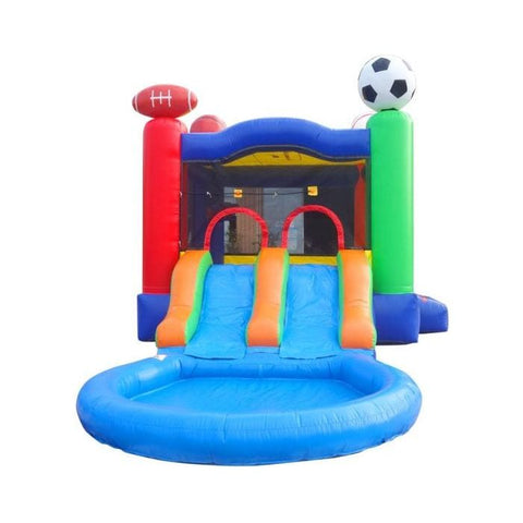 POGO Inflatable Bouncers 13.5'H Crossover Sports Dual Lane Bounce House Slide with Pool with Blower, Backyard Party Package by POGO 13.5'H Crossover Blue Rainbow Dual Lane Bounce House Slide Pool Blower