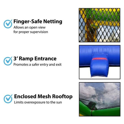 POGO Inflatable Bouncers Crossover Rainbow Dual Lane Bounce House Slide with Pool with Blower, Backyard Party Package by POGO 12.5' H Modular Tropical Bounce House with Blower and Jungle Art Panel