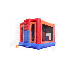 14.6'H 5-in-1 Orange & Blue Combo with Slide, Climbing Wall & Hoop by Rocket Inflatables