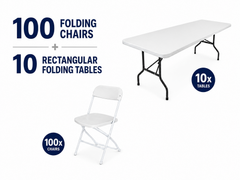 100-Person Event Package – 100 Folding Chairs & 10 Rectangular Tables by Cutting Edge