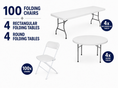 100-Person Event Package – 100 Folding Chairs & 8 Folding Tables – 4 Rectangular + 4 Round by Cutting Edge