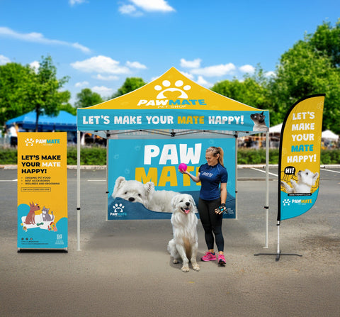 Custom Canopy Tent with Back Wall, Feather Flag & Banner Stand