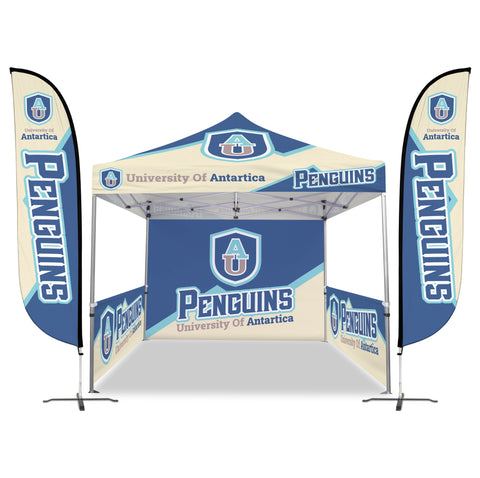 Custom Canopy Tent with Full Back Wall, Half Side Walls & Feather Flags