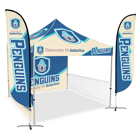 Custom Canopy Tent with Full Back Wall, Half Side Walls & Feather Flags