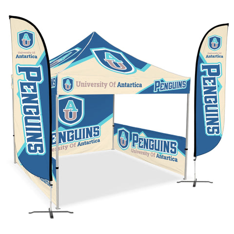 Custom Canopy Tent with Full Back Wall, Half Side Walls & Feather Flags