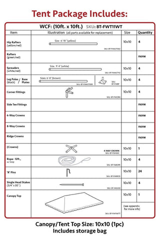 Parts list diagram for 10x10 Premium West Coast Frame Tent