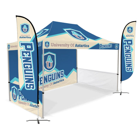 Custom Canopy Tent with Full Back Wall, Half Side Walls & Feather Flags
