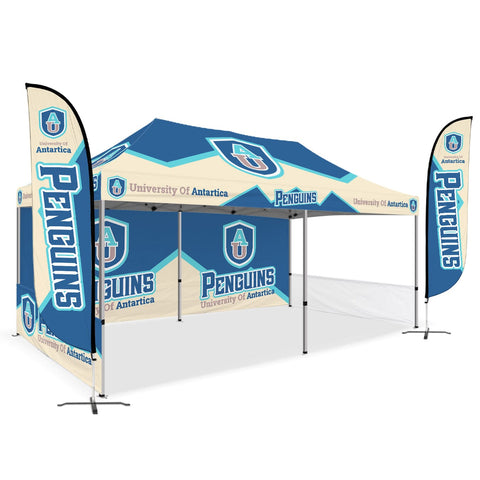 Custom Canopy Tent with Full Back Wall, Half Side Walls & Feather Flags