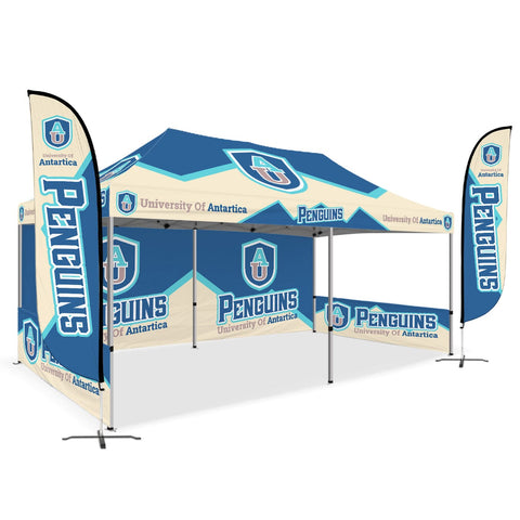 Custom Canopy Tent with Full Back Wall, Half Side Walls & Feather Flags