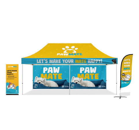 Custom Canopy Tent with Back Wall, Feather Flag & Banner Stand