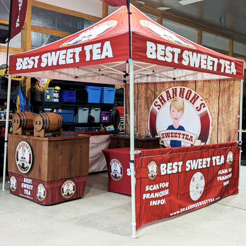 Custom Canopy Tent with Full Back, Half Side Walls, Feather Flags & Table Cover