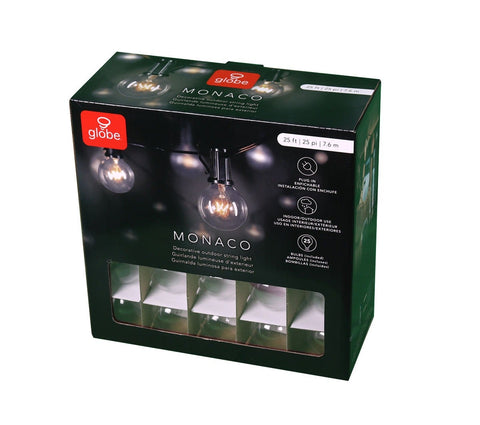 Monaco 25-Foot String Light Set with 25 G40 Incandescent Bulbs with Black Cord for Indoor & Outdoor Use