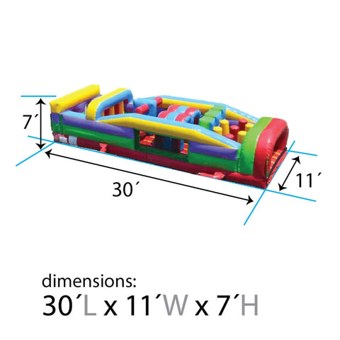Inflatable obstacle course dimensions diagram showing 30 ft length, 11 ft width, and 7 ft height for easy setup planning