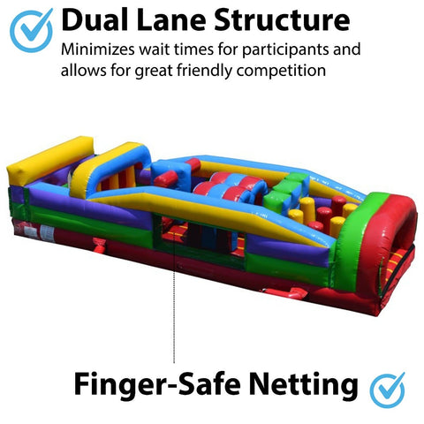 Dual-lane inflatable obstacle course with pop-up challenges, finger-safe netting, and colorful retro design