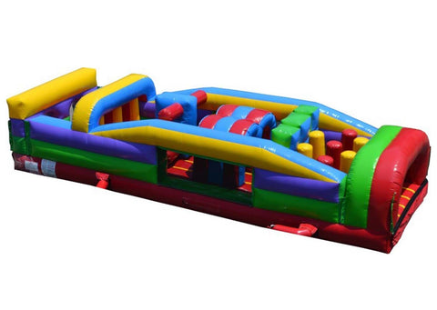 Colorful dual-lane inflatable obstacle course rental with pop-up obstacles and entrance tunnel for racing fun