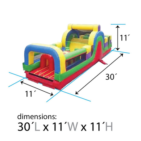 Diagram showing dimensions of inflatable obstacle course measuring 30 feet long, 11 feet wide, and 11 feet tall