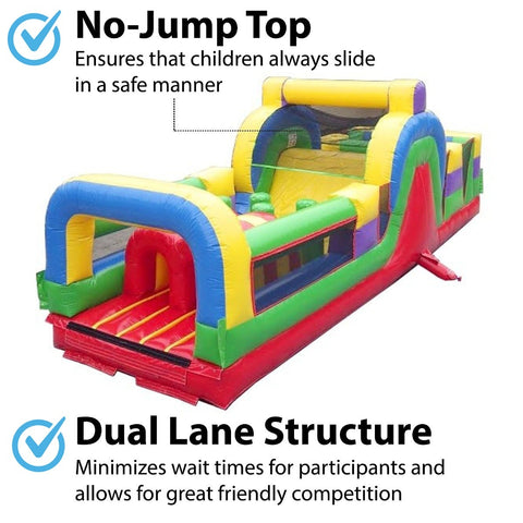 Brightly colored inflatable obstacle course featuring a no-jump top and dual-lane slide for safe, competitive play