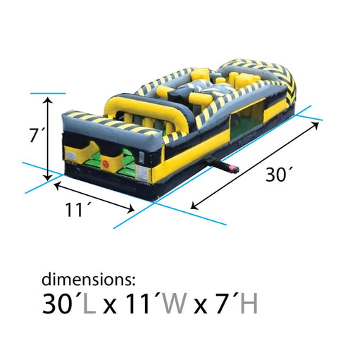 Angled view of 7-Element Venom inflatable obstacle course with labeled dimensions of 30L x 11W x 7H feet