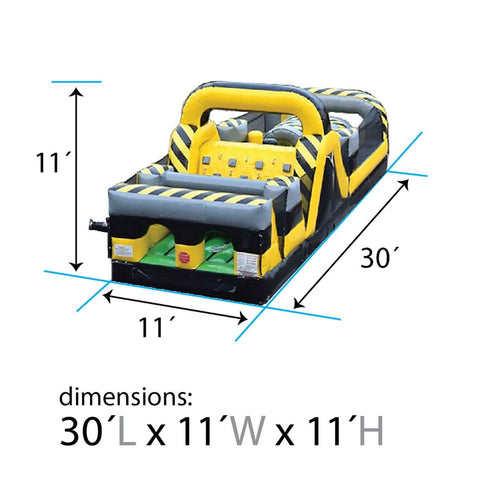 Diagram of Venom inflatable obstacle course showing 30-foot length, 11-foot width, and 11-foot height dimensions