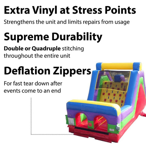 Colorful inflatable slide rental featuring extra vinyl stress points, heavy stitching, and quick deflation zippers