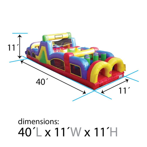 Diagram showing 40-foot inflatable obstacle course dimensions: 40’ long, 11’ wide, and 11’ tall