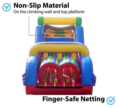 Rear view of inflatable obstacle course showing non-slip climbing wall and finger-safe mesh netting