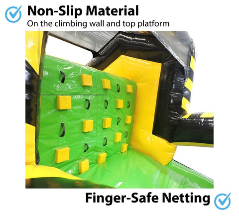 Close-up of 40' Venom inflatable obstacle course showing non-slip climbing wall and finger-safe netting