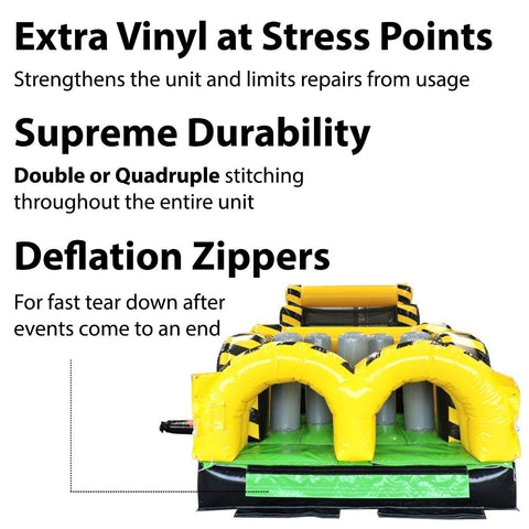Front view of 40' Venom inflatable obstacle course rental highlighting durable stitching and deflation zippers