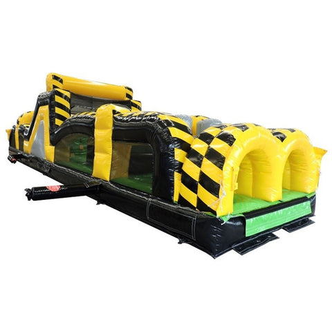 Angled side view of 40' Venom inflatable obstacle course rental with black, yellow, and green color scheme