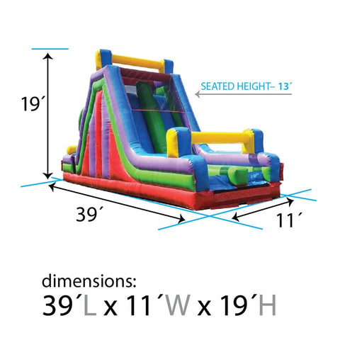 Size chart showing inflatable slide dimensions of 39 feet long, 11 feet wide, and 19 feet tall
