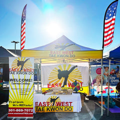 Custom Canopy Tent with Back Wall, Feather Flags & Table Cover