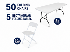 50-Person Event Package – 50 Folding Chairs & 5 Rectangular Tables by Cutting Edge