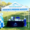 Image of Custom Canopy Tent with Full Back, Half Side Walls, Feather Flags & Table Cover