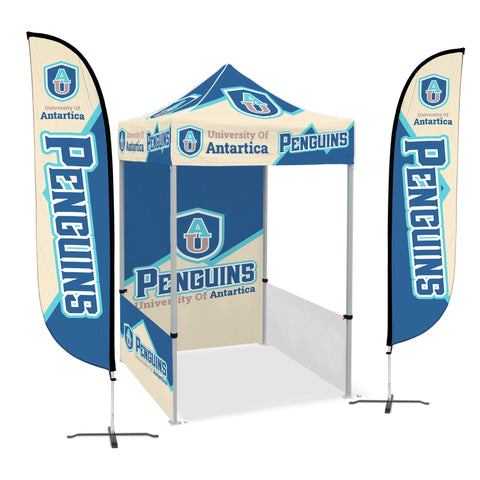 Custom Canopy Tent with Full Back Wall, Half Side Walls & Feather Flags