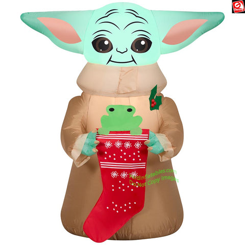 3.5' Gemmy Airblown Inflatable Christmas Star Wars Baby Yoda w/ Frog in Stocking