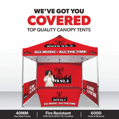 Custom Canopy Tent with Full Back Wall, Half Side Walls & Table Cover