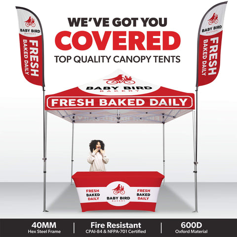 Custom Canopy Tent with Feather Flags & Table Cover