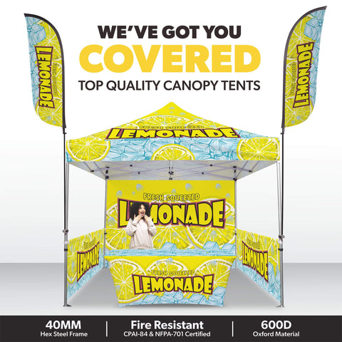 Custom Canopy Tent with Full Back, Half Side Walls, Feather Flags & Table Cover