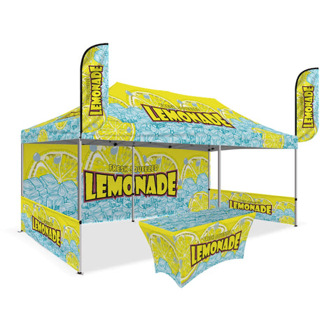 Custom Canopy Tent with Full Back, Half Side Walls, Feather Flags & Table Cover