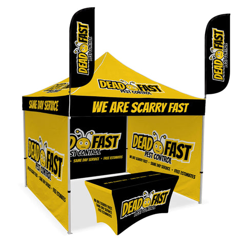 Custom Canopy Tent with Three Back Walls, Feather Flags & Table Cover