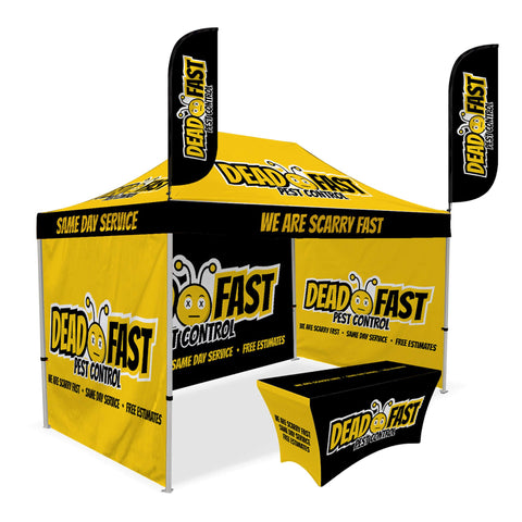 Custom Canopy Tent with Three Back Walls, Feather Flags & Table Cover