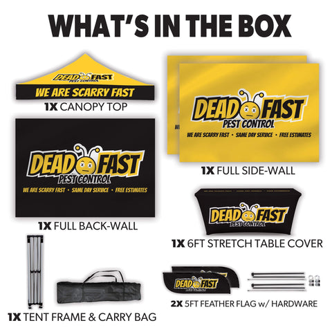 Custom Canopy Tent with Three Back Walls, Feather Flags & Table Cover