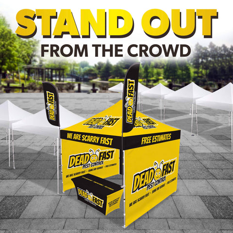 Custom Canopy Tent with Three Back Walls, Feather Flags & Table Cover