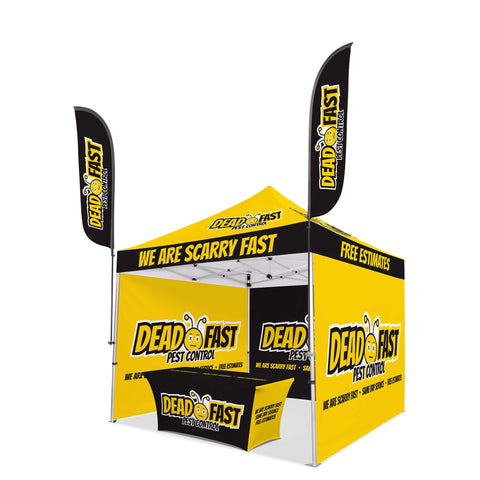 Custom Canopy Tent with Three Back Walls, Feather Flags & Table Cover