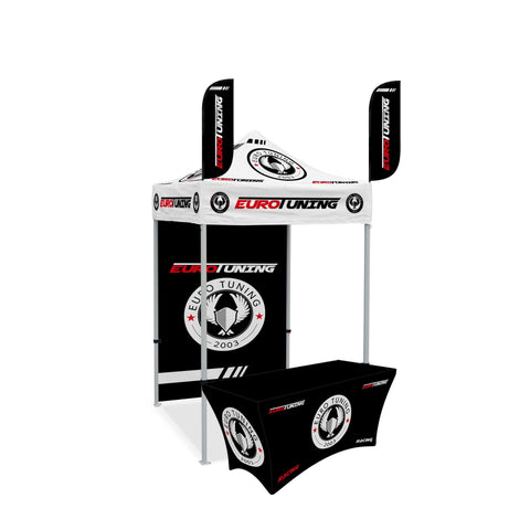 Custom Canopy Tent with Back Wall, Feather Flags & Table Cover